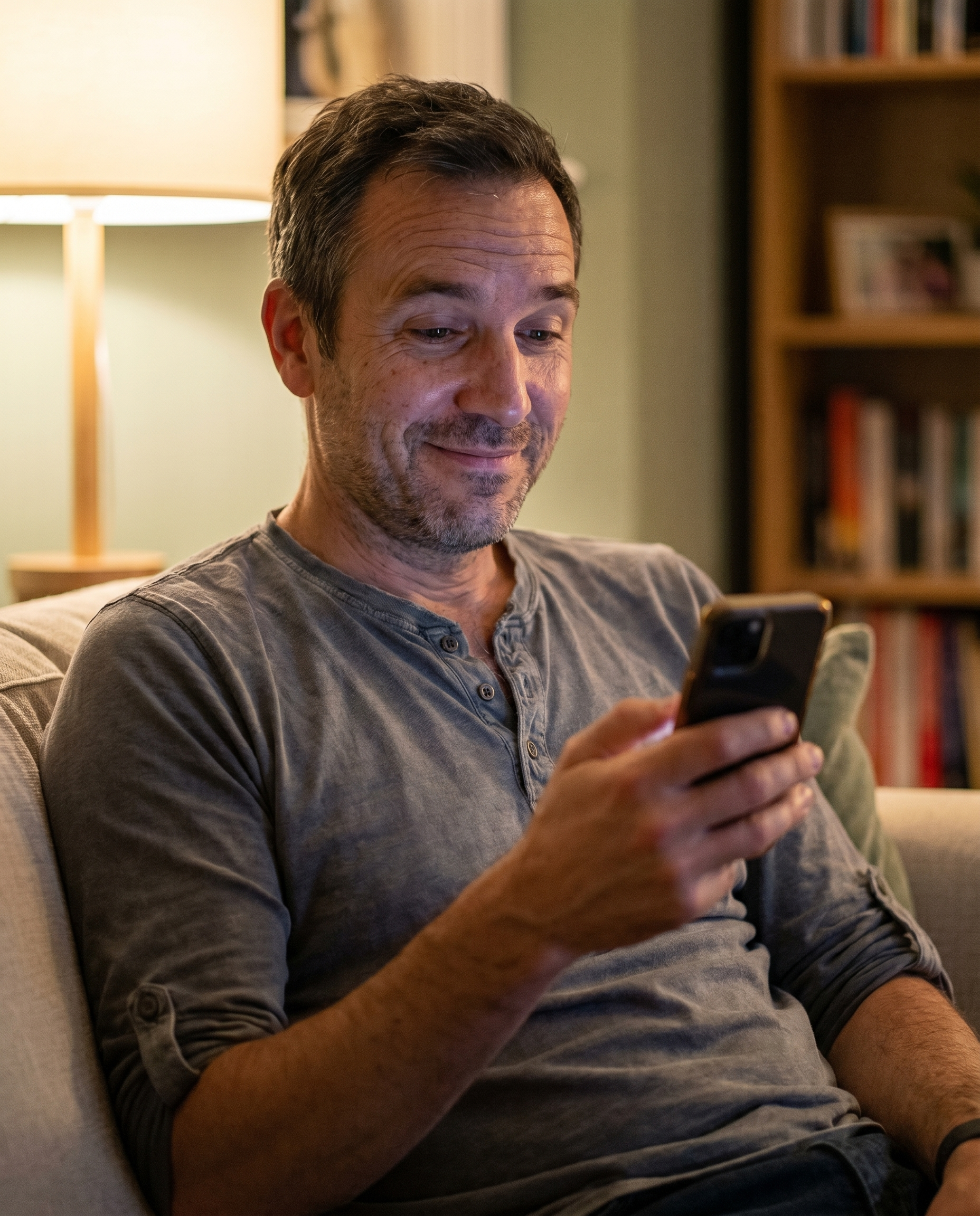 A man at home on the couch in warm light, phone in hand, with a disarmed, pleasantly-surprised half-smile